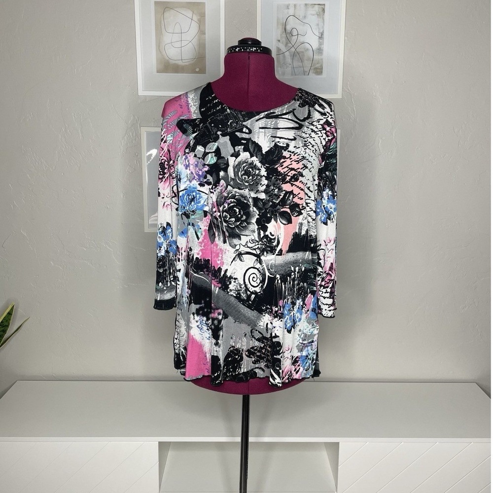 Jostar Tunic Top Womens Large‎ Multi Color Abstract Floral 3/4 Sleeve USA Made